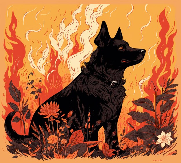 Il y a un chien noir assis dans l'herbe avec des flammes en arrière-plan.