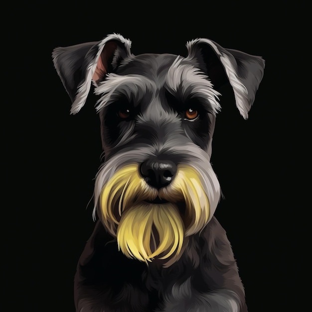 Il y a un chien noir et gris avec une moustache jaune générative ai