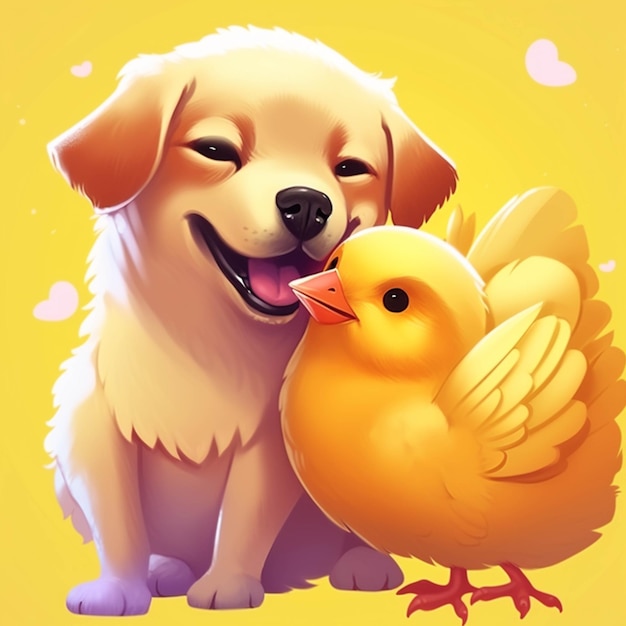 Il y a un chien et un oiseau jaune ensemble sur un fond jaune ai génératif