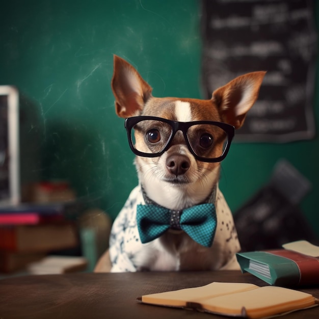 Il y a un chien portant des lunettes et un nœud papillon assis à un bureau génératif ai