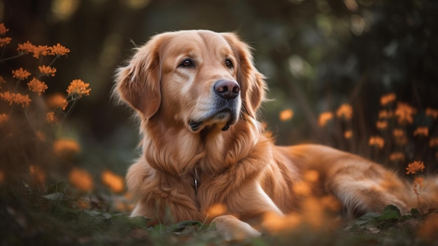 Il y a un chien qui est allongé dans l'herbe générative ai