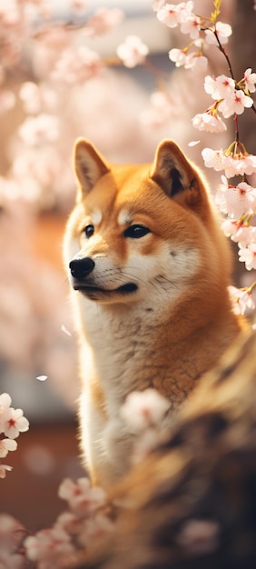 Il y a un chien qui est assis dans un arbre avec des fleurs génératives ai