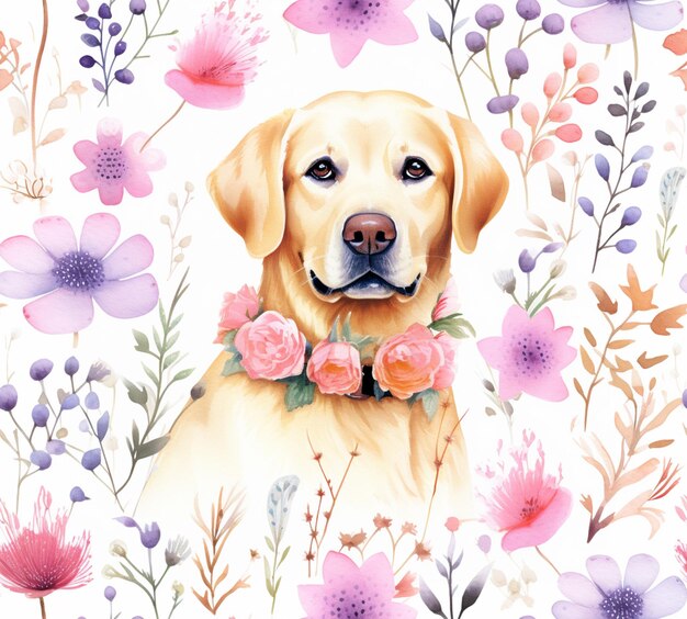 Photo il y a un chien qui est assis dans les fleurs générative ai