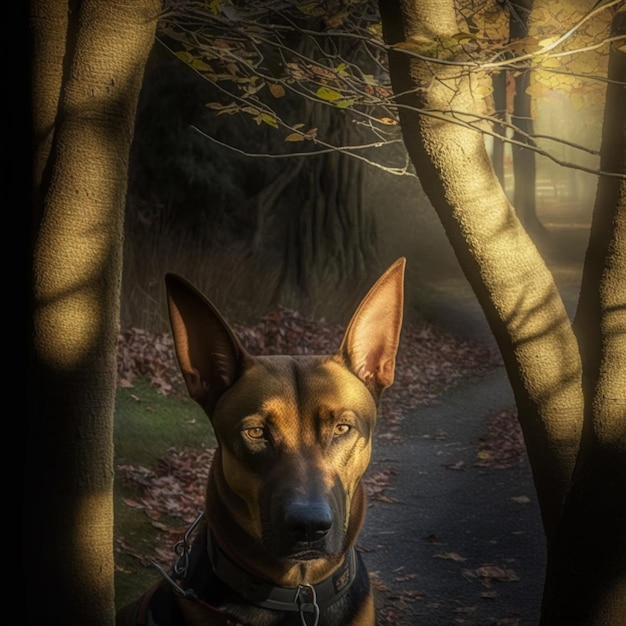 Photo il y a un chien qui est assis à l'ombre d'un arbre génératif ai