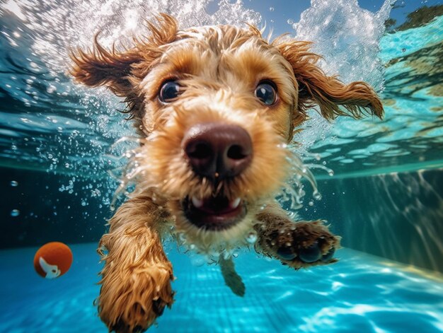 Il y a un chien qui nage dans une piscine avec une balle générative ai