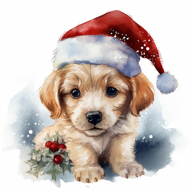 Il y a un chien qui porte un chapeau de Père Noël et un holly berry génératif ai