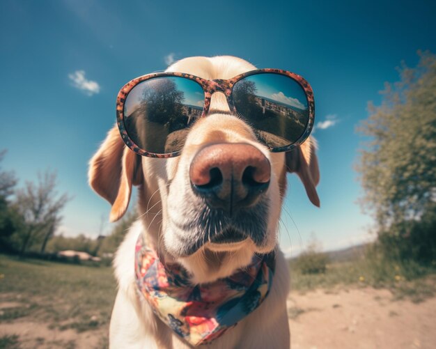 Il y a un chien qui porte des lunettes de soleil et un bandana dessus.