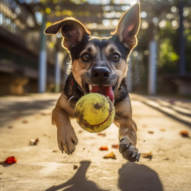 Photo il y a un chien qui saute pour attraper une balle de tennis.