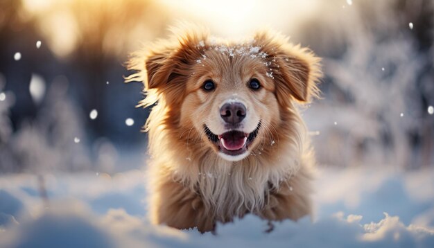 Il y a un chien qui se tient dans la neige.