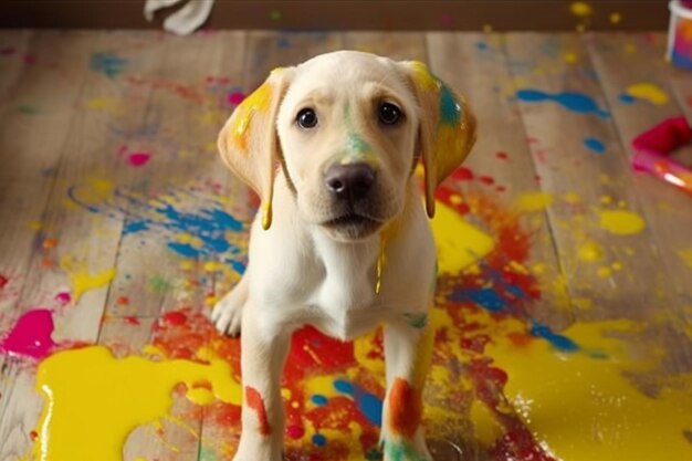 il y a un chien qui se tient sur le sol avec une IA génératrice de peinture