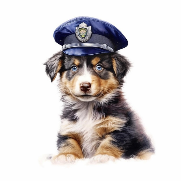 Il y a un chiot qui porte un chapeau de police.