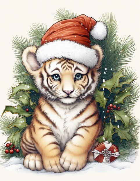 Photo il y a un chiot de tigre portant un chapeau de père noël assis à côté d'un arbre de noël.