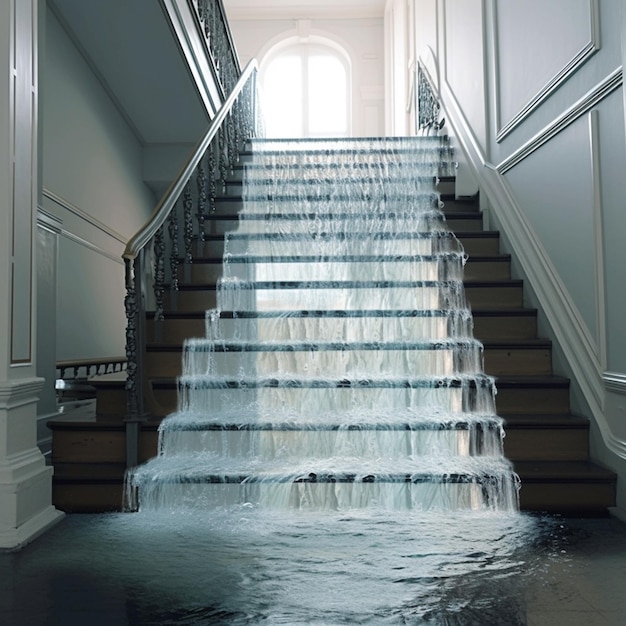 Il y a une chute d'eau qui descend les escaliers d'un bâtiment.