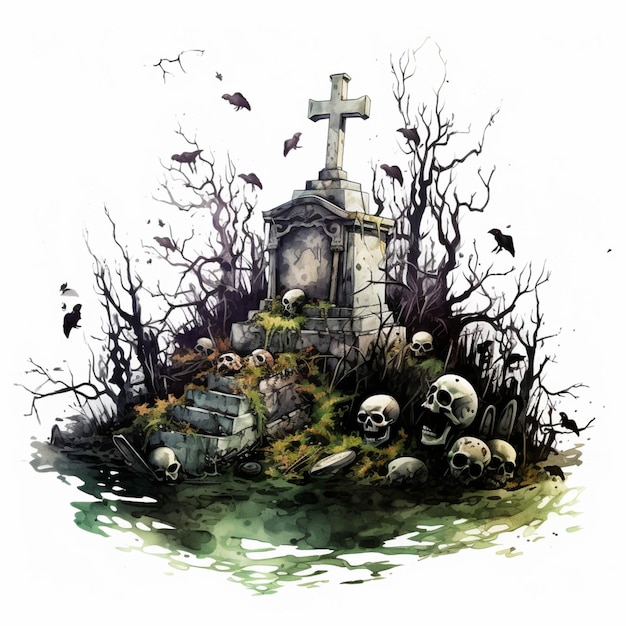 Il y a un cimetière avec une croix et beaucoup de crânes génératifs ai