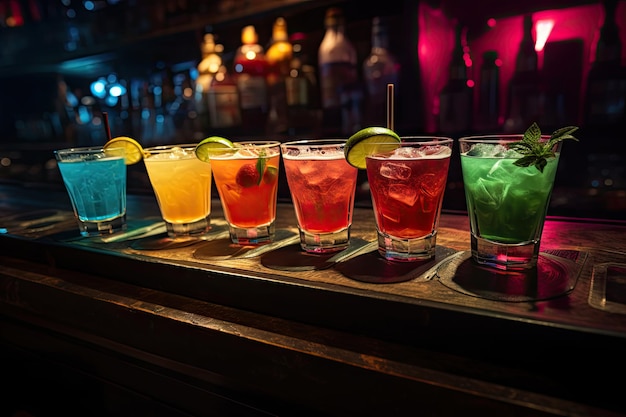 Photo il y a cinq boissons posées sur le comptoir du bar