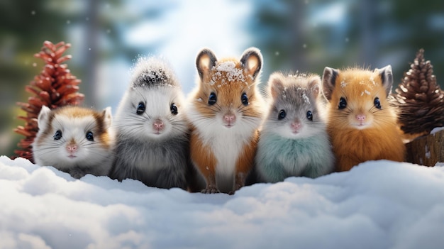 Photo il y a cinq hamsters assis dans une pile de neige.