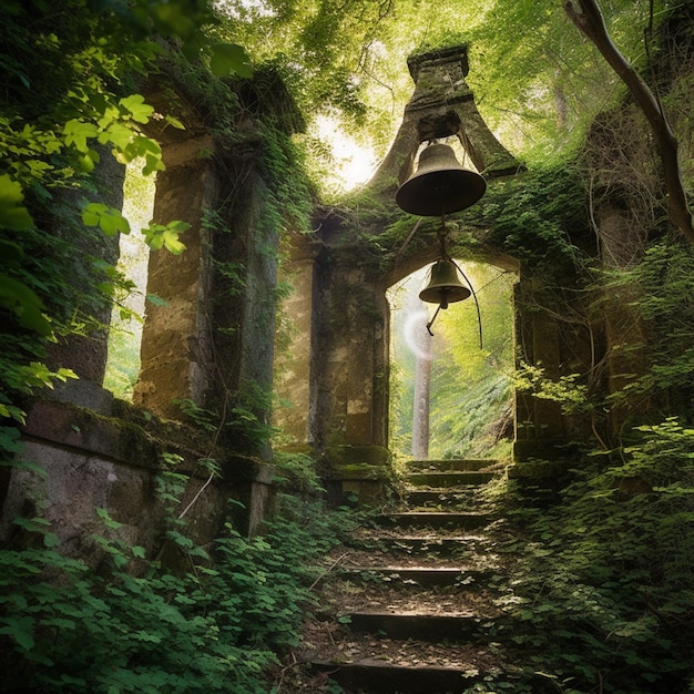 Il y a une cloche accrochée à un clocher dans les bois.