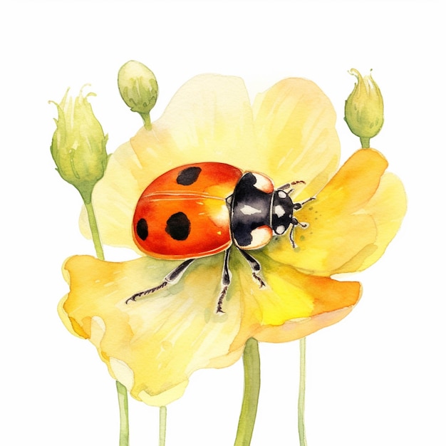 il y a une coccinelle assise sur une fleur jaune avec des feuilles vertes ai générative