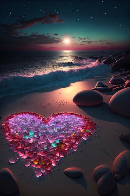 Il y a un coeur fait de pierres sur la plage ai générative
