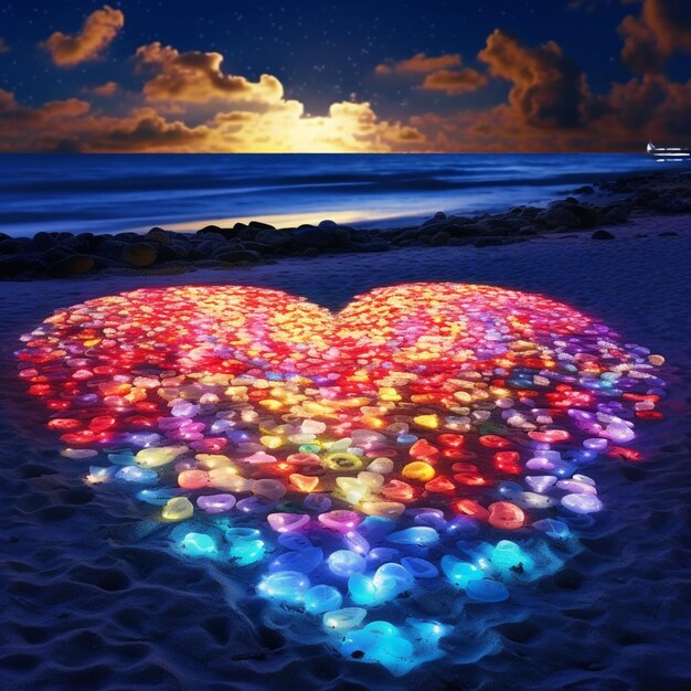 Il y a un cœur fait de pierres sur la plage la nuit générative ai