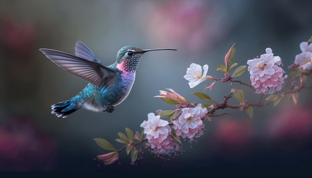 Il y a un colibri qui vole au-dessus d'une branche d'un arbre.