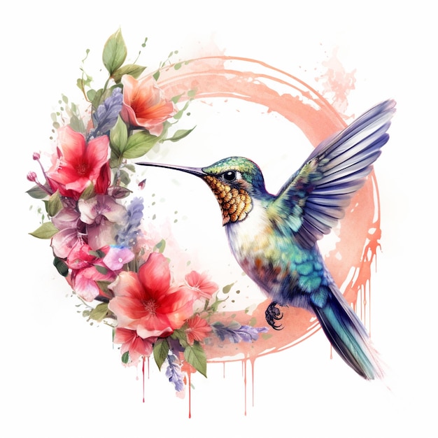 Il y a un colibri volant dans les airs avec des fleurs autour d'elle générative ai