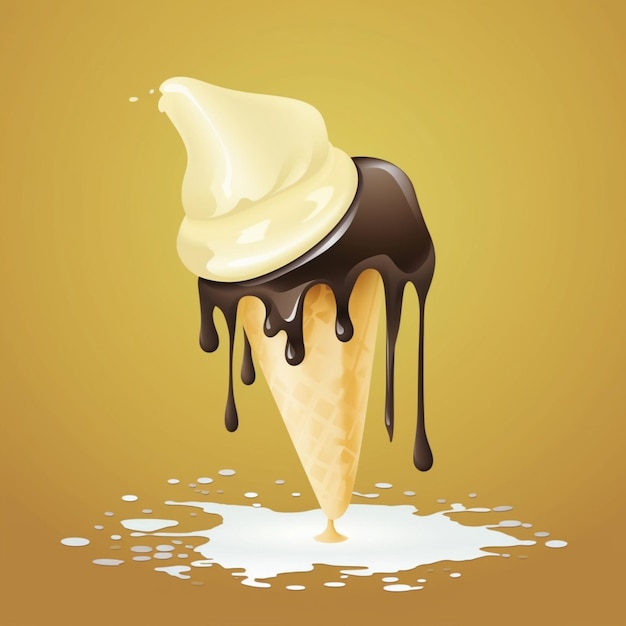 Il y a un cône de crème glacée au chocolat avec une sauce au chocolat qui fond dessus.