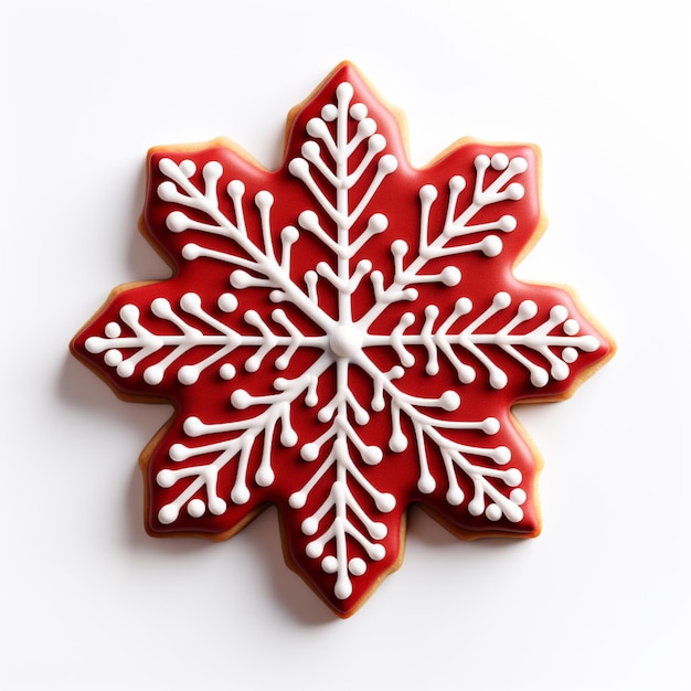 Il y a un cookie décoré en rouge et blanc avec un flocon de neige dessus.