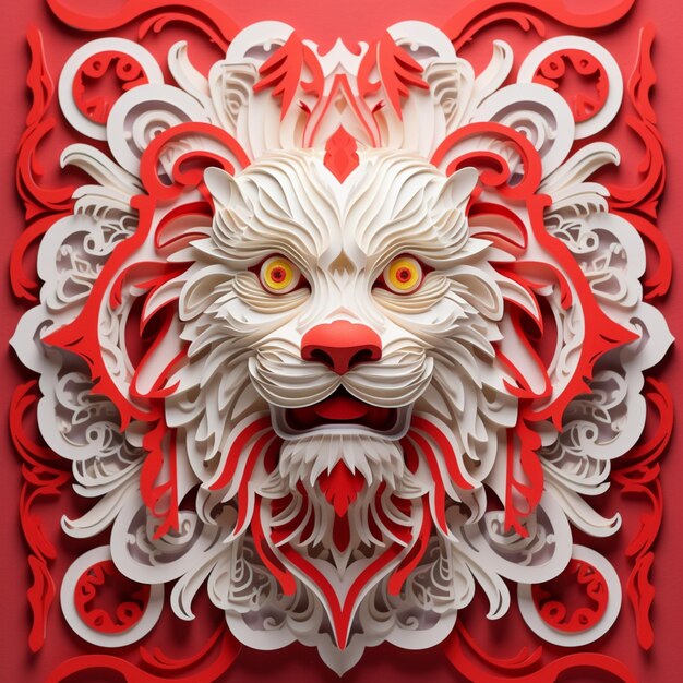 Il y a une coupe en papier d'une tête de lion sur un fond rouge.