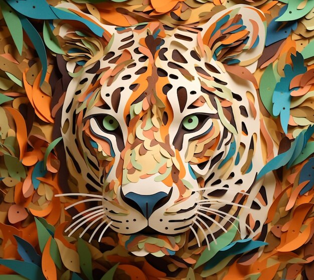Il y a une coupe en papier d'un tigre entourée de bandes de papier colorées.