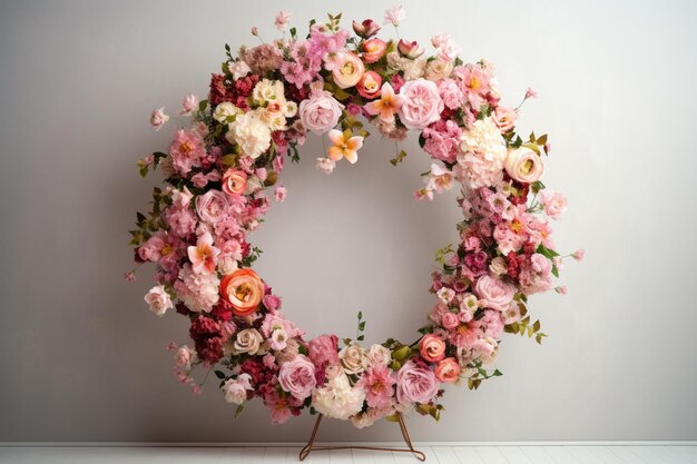 Il y a une couronne de fleurs sur un stand devant un mur génératif ai