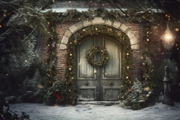 il y a une couronne de Noël sur la porte d'une maison ai générative