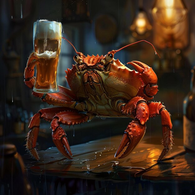 Il y a un crabe qui tient un verre de bière sur une table générative ai