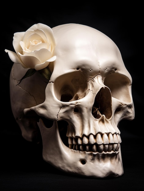 Il y a un crâne blanc avec une rose dans sa bouche.