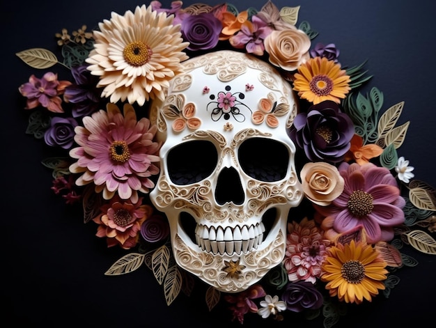 Il y a un crâne avec des fleurs dessus sur un fond noir ai génératif