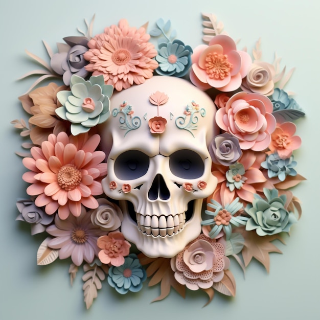 Il y a un crâne avec des fleurs sur un mur génératif ai