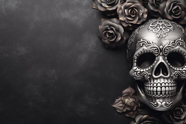 Il y a un crâne et des roses sur un fond noir.