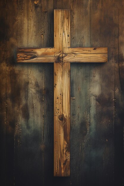 Il y a une croix en bois sur un mur avec un fond en bois.