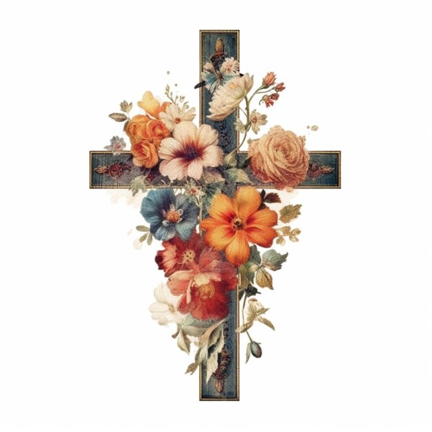 Il y a une croix avec des fleurs dessus et une image d'une femme générative ai