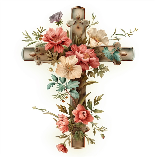 Il y a une croix avec des fleurs et un papillon dessus.