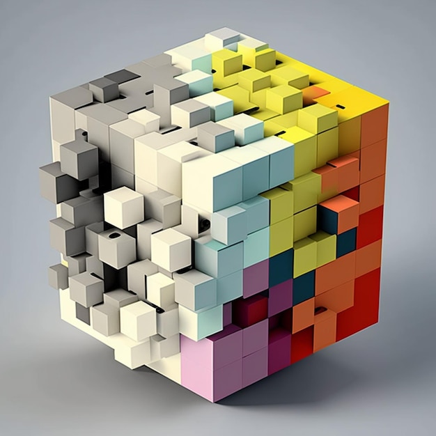 Il y a un cube coloré fait de blocs de lego sur une ai générative de surface grise