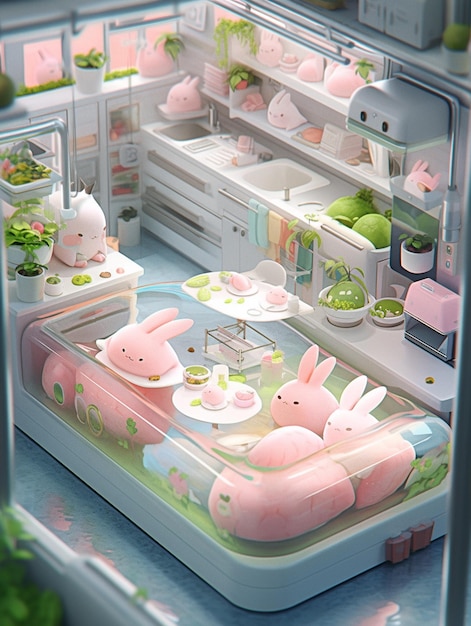 Il y a une cuisine jouet avec un réfrigérateur et une table avec un lapin ai génératif