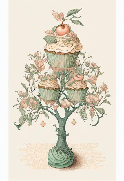 Il y a un cupcake sur un arbre avec une pêche sur le dessus.