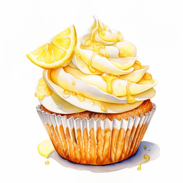 Il y a un cupcake avec du glaçage au citron et une tranche de citron génératif ai