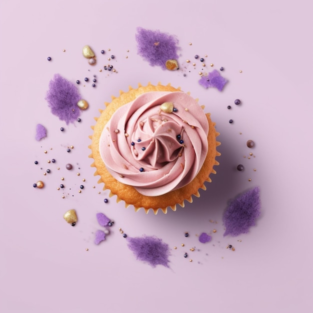 Il y a un cupcake avec du glaçage rose et des décorations violettes génératives ai