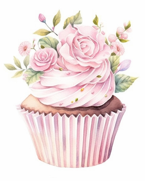 il y a un cupcake avec des fleurs roses dessus ai générative