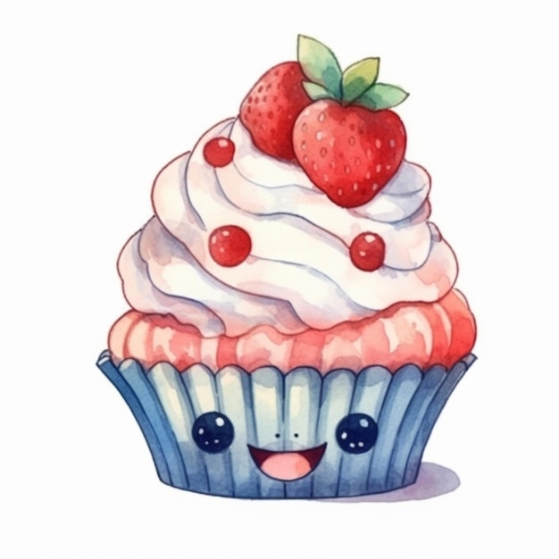 Il y a un cupcake avec une fraise sur le dessus.