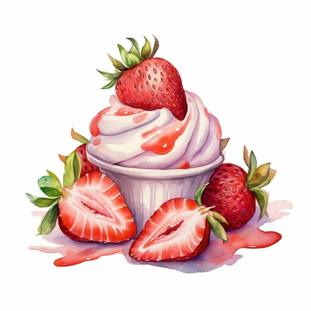 Il y a un cupcake avec des fraises et de la crème sur le dessus.