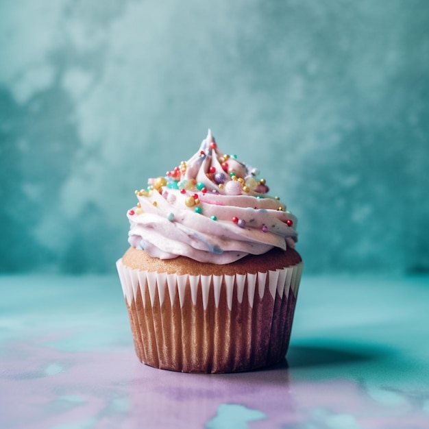 il y a un cupcake avec un glaçage blanc et des pépites sur une table ai générative