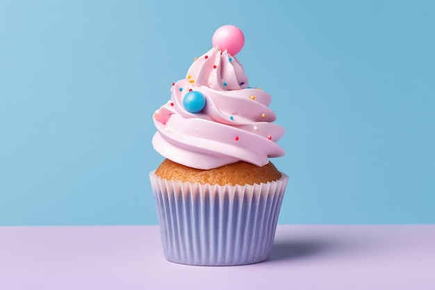 Il y a un cupcake avec un glaçage rose et des éclaboussures dessus.